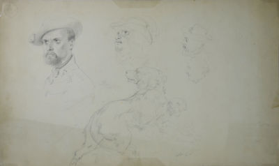 Виллевальде Богдан (Готфрид) Павлович (1819–1903) - Наброски двух мужских голов и двух собак; на 