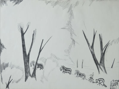 Гончарова Наталья Сергеевна (1881-1962) - Пушку тянут. 1914 г. Бумага, литография. 24,3 х 32,3 см 