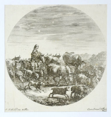 делла Белла, Стефано (1610-1664) - Девушка-пастух верхом вместе
со стадом. 1646 г. Бумага, офорт 