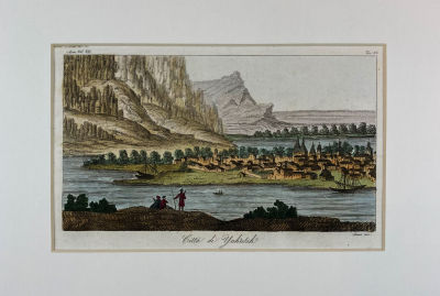 Дж. А. Сассо - Якутск. Первая четверть XIX в. Бумага, офорт, пунктир, акварель, 10.1 х 18.4 см