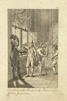 Неизвестный художник - Людовик XVI дарует народу конституцию. 1792 г. Бумага, офорт, резец, 11.4 х 