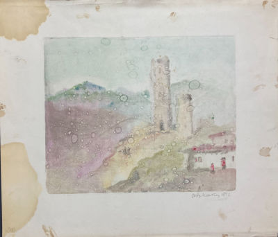 Каплун Адриан Владимирович (1887— 1974) - Горный пейзаж с двумя древними башнями. 1972 г. Бумага 