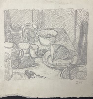 Вакидин Виктор Николаевич (1911 - 1991) - Натюрморт на столе. 1977 г. Бумага, графитный карандаш 