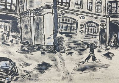 Имар Марина (1984 г.р.) - "Непарадный Петербург". 2022 г. Картон, тушь, белила, 20.7 х 29.6 см 