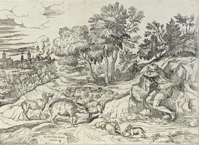 Лефевр Валентин (1642-1682) по рисунку Тициана (1488-1576) - Пейзаж со спящим пастухом. Ок. 1680 г. 