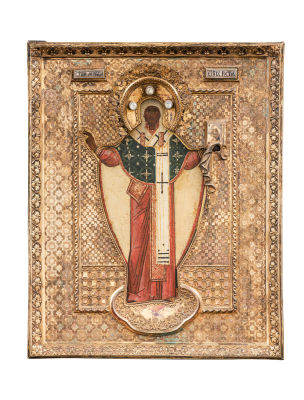 Святитель Леонтий Ростовский. Конец XVI в. с подновлениями начала XIX в., оклад 1828 г. Дерево 