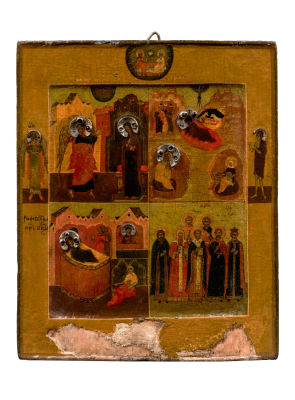 Икона четырехчастная. Последняя четверть XVII в. Дерево, темпера, серебро, полудрагоценные 