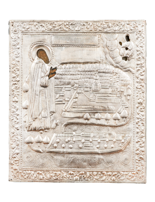 Преподобный Нил Столбенский. Последняя треть XVIII в. Дерево, темпера, латунь, чеканка 