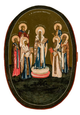 Ростовские чудотворцы. Последняя треть XVIII в. Дерево, темпера, 53.5 х 36.5 см Святители Исайя 