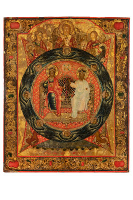 Святая Троица (Сопрестолие). Конец XVIII - начало ХIX в. Дерево, темпера, 32.3 х 27 см 