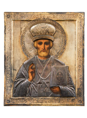 Святитель Николай Чудотворец. XIX в. Дерево, темпера, чеканка, скань, зернь, гравировка, эмаль 