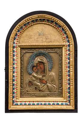Богоматерь Владимирская (вокладе и киоте). XIX в. Дерево, темпера, золочение , 29 х 25 см 60 х 