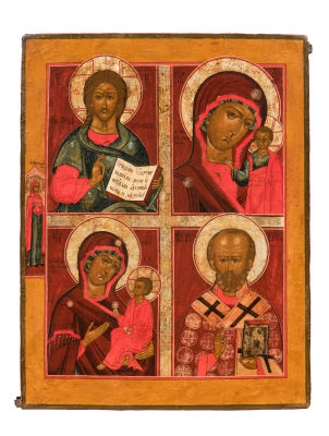 Господь Вседержитель, Богоматерь Казанская, Богоматерь Тихвинская и святитель Николай 