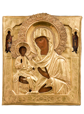 Богоматерь Троеручица с мучениками Иоанном Воином и Уаром на полях (в окладе). XIX в. Дерево 