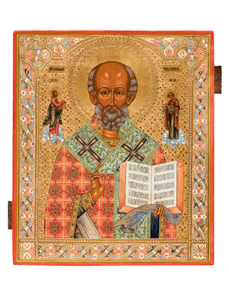 Святитель Николай Чудотворец. Первая половина XIX в. Дерево, темпера, чеканка по левкасу, 31 х 27 см