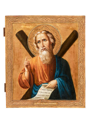 Апостол Андрей Первозванный. Вторая половина XIX в. Дерево, темпера, чеканка по левкасу, 35 х 31 см