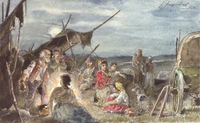 Вишневский Алексей Васильевич - Цыгане. 1899 г. Картон, акварель, коричневая тушь, перо, 20 х 32.3 