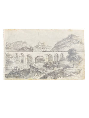 Неизвестный художник - Пейзаж с акведуком и паравозом. Середина XIX в. Бумага, графитный карандаш 