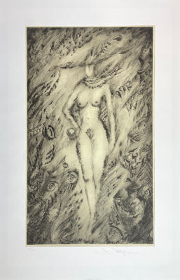 Мунц Андрей Владимирович (1954 г.р.) - Девушка с шаром. 1991 г. Бумага, сухая игла, 48 х 28 см