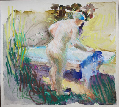 Щербинина Мария (1965 г.р.) - Купание в саду-1. 2022 г. Бумага, акварель, пастель, масляная 