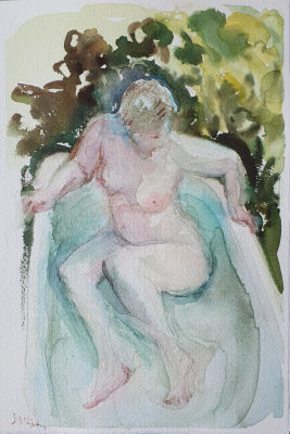 Щербинина Мария (1965 г.р.) - Купание в саду-2. 2022 г. Бумага, акварель, карандаш, 29 х 20 см