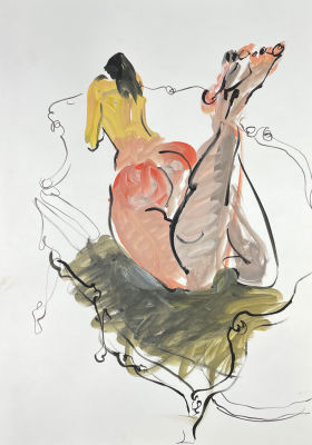 Свинцова Анна (1979 г.р.) - Розовая натурщица. 2022 г. Бумага, гуашь, 42 х 29.7 см