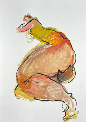 Свинцова Анна (1979 г.р.) - Обнаженная в золотых тонах. 2022 г. Бумага, гуашь, 42 х 29.7 см