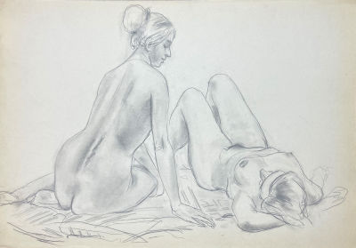 Чалой Леонтий Филиппович (1929 г.р.) - Две девушки. 1960-е гг. Бумага, карандаш, 29.7 х 42.2 см