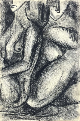 Копысов-Лобанов Александр (1985 г.р.) - Подруги. 2022 г. Крафтовая бумага, уголь, 31 х 20.7 см