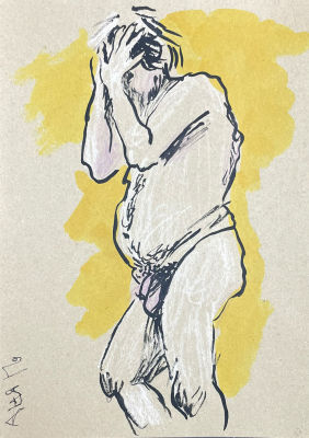 Аня По - Обнаженный на желтом фоне. 2022 г. Бумага, тушь, пастель, чернила, 29.7 х 20.9 см