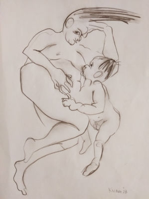 Кылыч Людмила (1985 г.р.) - "Связь" (Автопортрет с сыном). 2023 г. Бумага, сепия, 40 х 29.2 см 