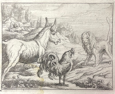 Барлоу, Френсис (1626-1704) - Иллюстрация к басне Эзопа "Осел, петух и лев". XVII в. Бумага верже 