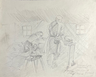 Николаев - Операция на передовой. Ленфронт. 1942 г. Бумага, карандаш, 21 х 26.4 см