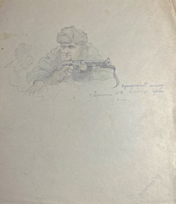 Николаев - За автоматом. 1942 г. Бумага, карандаш, 32.4 х 27.8 см