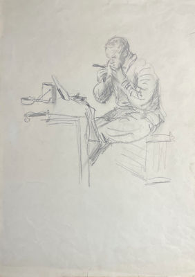 Луганский Пётр Иванович (1911-1993) - Бритьё. 1943 г. Бумага, карандаш, 39.8 х 28.3 см