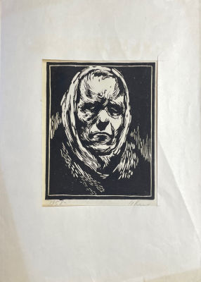 Неизвестный художник - Старуха. 1958 г. Бумага, линогравюра, 18.8 х 20.2 см