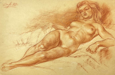 Снежко Сергей Георгиевич (1949 г.р) - Обнаженная. 1980 г. Бумага, сангина, мел, 29.7 х 42.2 см