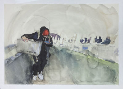 Щербинина Мария (1965 г.р.) - На эскалаторе. 2021 г. Бумага, акварель, уголь, 30.5 х 43 смМария 