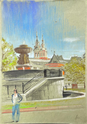 Ноаров Андрей (1977 г.р.) - Фонтан на Теартальной площади. 2021 г. Бумага, пастель, 40 х 30 см