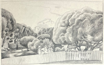 Шабаев Александр (2001 г.р.) - Сад в Феропонтово. 2022 г. Бумага, карандаш, 26.2 х 41.5 см