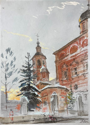 Ноаров Андрей (1977 г.р.) - Храм в Подсосенском переулке. 2022 г. Бумага, пастель, акварель, 40 х 30 см