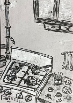 Имар Марина - "Кофе". Проект "Питерская коммуналка". 2023 г. Бумага, линер, акриловый маркер 