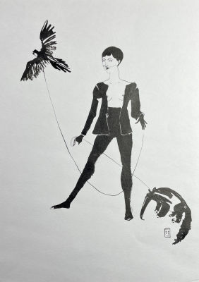 Неизвестный художник - Девушка с муравьедом. Бумага, тушь, 41.8 х 29.6 см