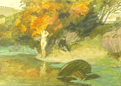 Крылов Порфирий Никитич (1902-1990) (Кукрыниксы) - Пейзаж с фигурами. Бумага, перо, тушь, акварель 