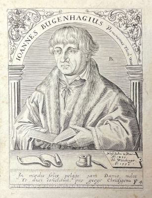 Теодор де Бри - Портрет немецкого врача Иоганна Бугенхагена (1458-1558). 1558 г. Бумага, гравюра 