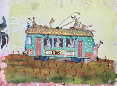 Талашенко Владимир Иванович (1915-1988) - "Зайчики в трамвайчике". Иллюстрация к произведению 