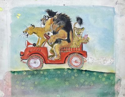 Талашенко Владимир Иванович (1915-1988) - "Львы в автомобиле". Иллюстрация к произведению 