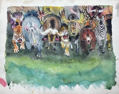 Талашенко Владимир Иванович (1915-1988) - "И весёлою гурьбой звери кинулися в бой.". Иллюстрация к 