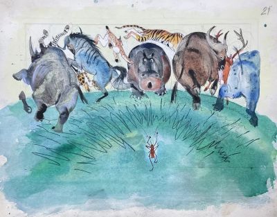 Талашенко Владимир Иванович (1915-1988) - "Но, увидев усача звери дали стрекача". Иллюстрация к 