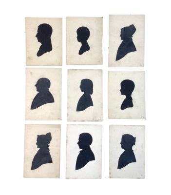 Неизвестный художник - 28 силуэтов и письмо с описанием изображенных. Бумага, коллаж